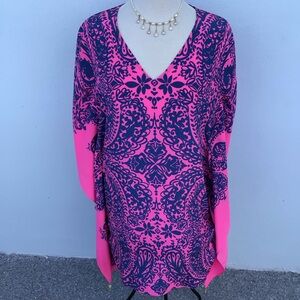 Lilly Pulitzer Lindamarie Bold Hot Pink and Deep Blue V-Neck 100% Silk Caftan